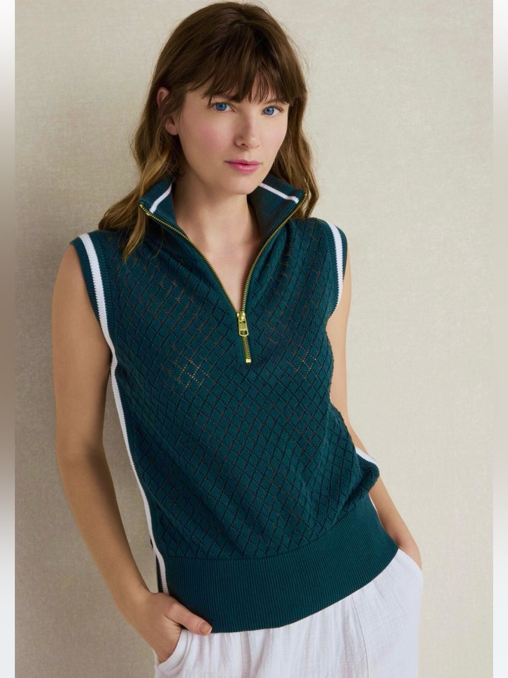 CAROLINE CONSTAS Stefan Half Zip Teal Aqua Sweater Vest 100% Cotton L ( Varley